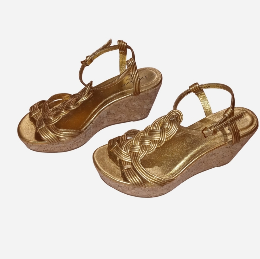Kate Spade Metallic Gold Braided Wedge Sandals - Picture 2 of 7